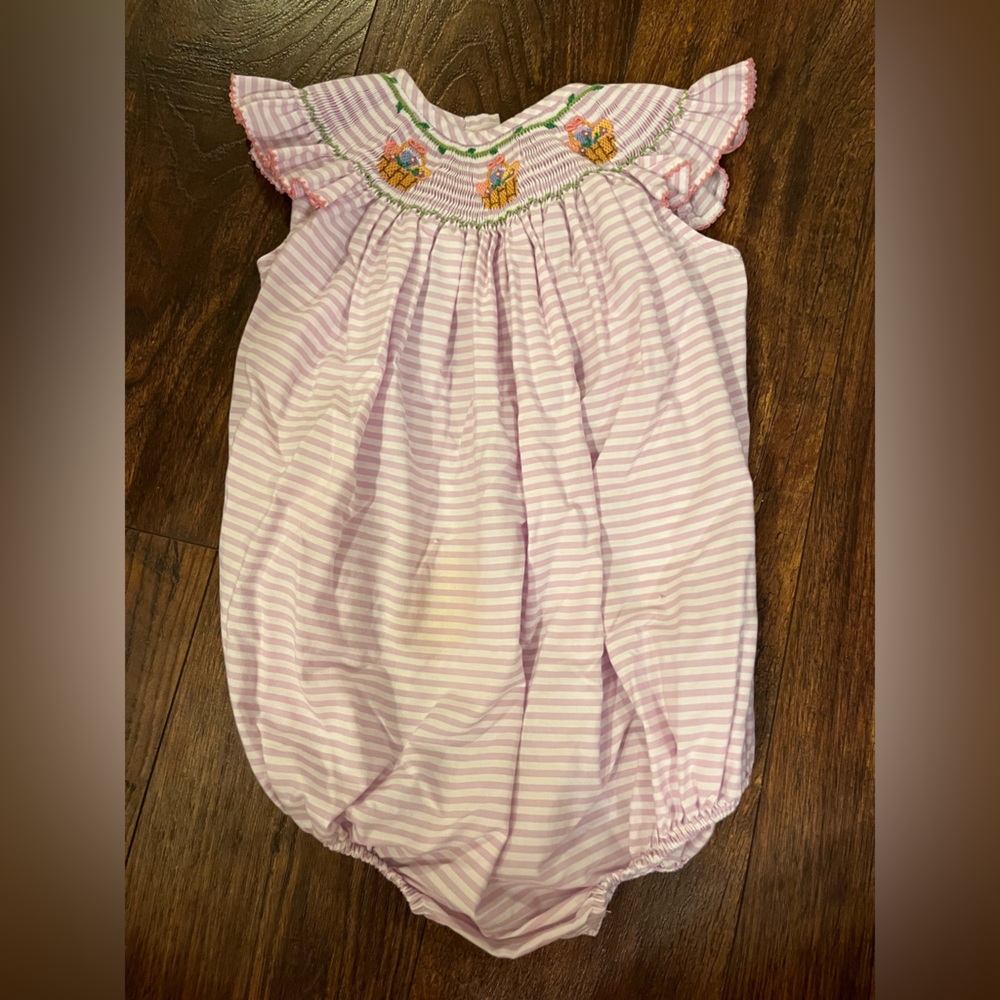 Southern Sunshine Smocked Purple Striped Easter Basket Bubble with Embroidery